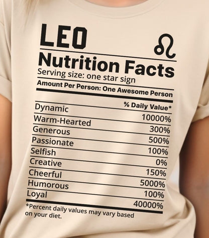 Zodiac Nutritional Facts - T-Shirt (Leo) - Albro Designs  # 