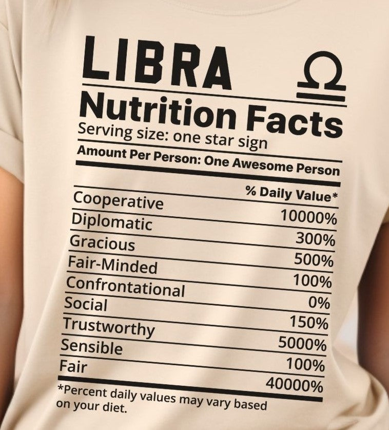 Zodiac Nutrition Facts -  T-Shirt (Libra) - Albro Designs  # 